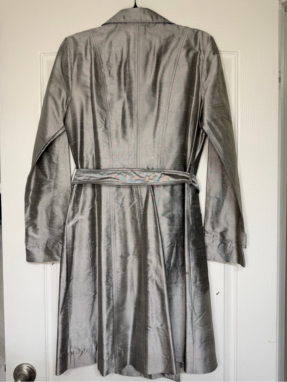 Vintage Silk Dupioni Belted Trench Coat Sz L Silver Taupe Shimmer Made in USA - Picture 6 of 10